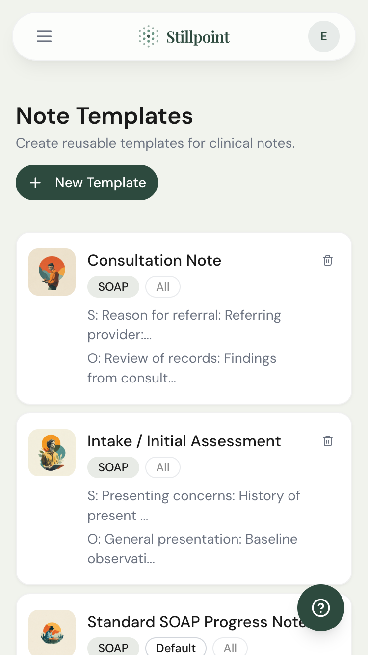 Note templates list — choose a starting point