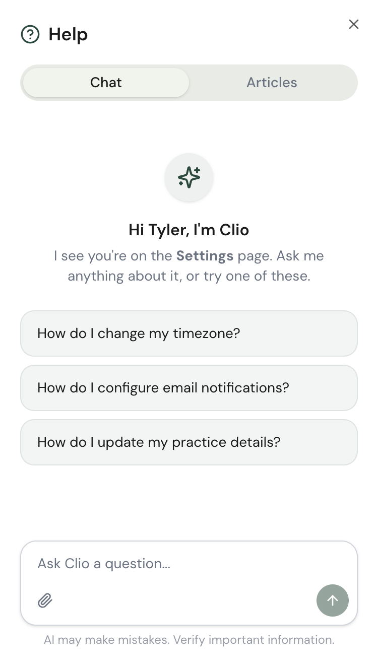 Clio welcome screen with suggested questions
